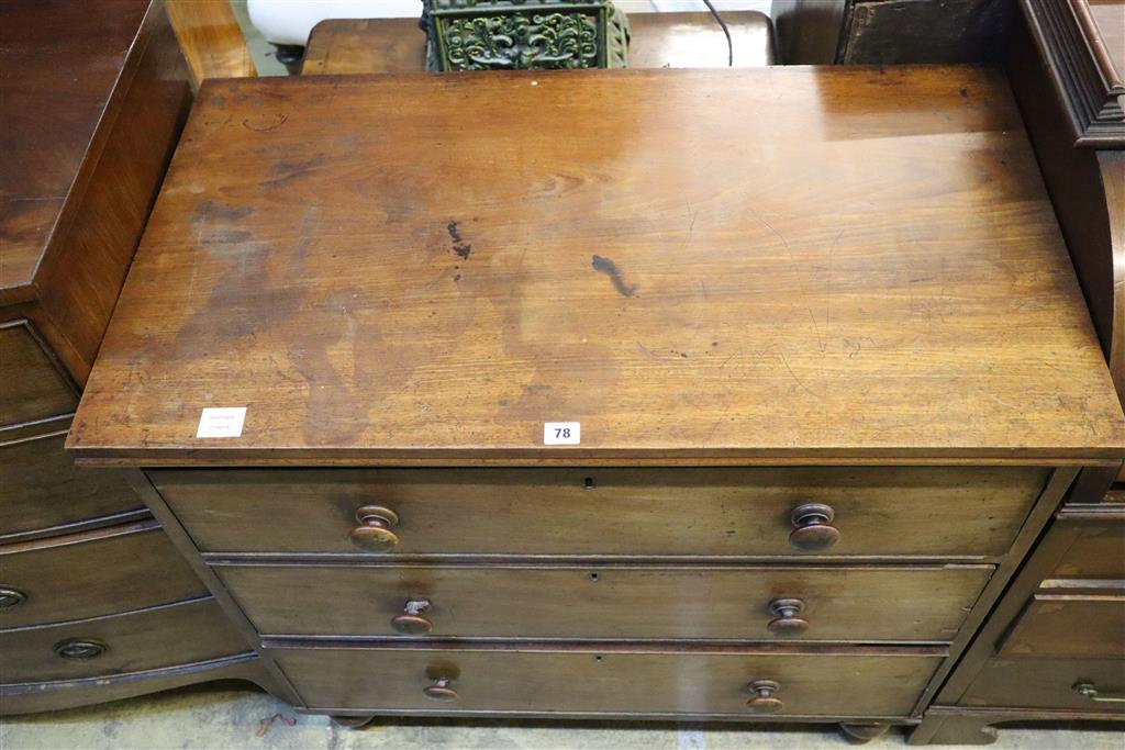 A Victorian mahogany chest of three long drawers, width 94cm, depth 53cm, height 92cm